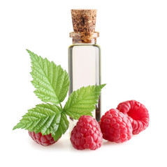 Bottle of raspberry essential oil on white background