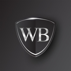 Initial logo letter WB with shield Icon silver color isolated on black background, logotype design for company identity.