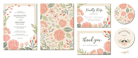 universal hand drawn floral templates in warm colors perfect for an autumn or summer wedding and bir