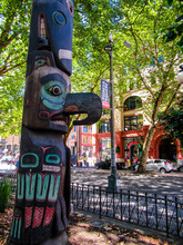 Native American Totem Pole In Pioneer Square Seattle.