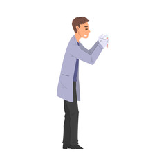 Poster - Scientist in Lab, Man in White Coat Doing Medical or Chemical Researches with Laboratory Equipment Vector Illustration on White Background