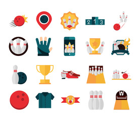 Sticker - bowling game recreational sport ball shirt pin stand podium trophy flat icons set