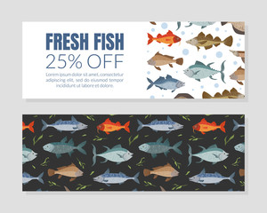 Sticker - Fresh Fish Flyer, Coupon Template, Seafood Market, Shop, Menu Design Element Flat Vector Illustration