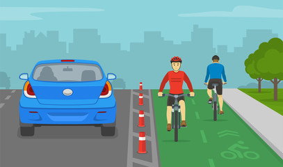 Wall Mural - Back view of sedan car and cyclists on bike lane. City road with dedicated bicycle lane. Flat vector illustration template.