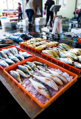 All kinds of fresh seafood in the traditional fishing market, Taiwan.