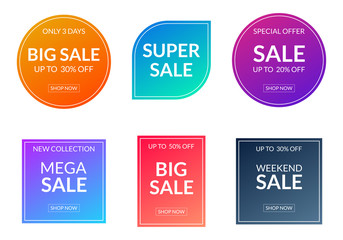 Sticker - sale sticker or label set. price off tag and badge collection with colorful gradient. discount and p
