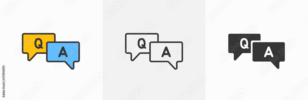 Question and answer line icon designed as faq outline symbol with q and a letter in thin black line, solid, and blue and yellow speak bubble. Flat outline ask and explain forum vector logo clipart V1 - obrazy, fototapety, plakaty 