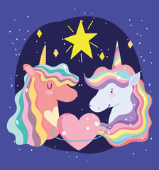 Sticker - cute unicorns portrait rainbow mane heart and star cartoon