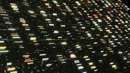 Poster - Concept of the futuristic information and technological computer. Animation. Abstract big data digital code running along the rows of small squares and narrow lines forming connections, seamless loop.