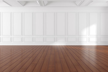 3D render of empty room with wooden floor and classic wall.	
