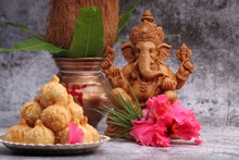 Ganesh Puja - Ganesh Idol, Hibiscus Flower, Durva, Sweet Modak Food, Mangal Kalash