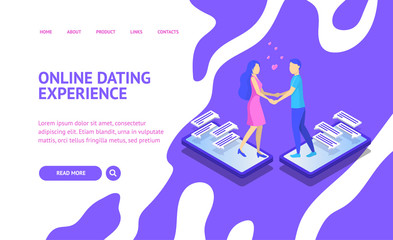 Poster - Online Dating and Virtual Communication Concept Landing Web Page 3d Isometric View. Vector