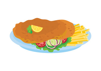 Wall Mural - Wiener Schnitzel with french fries and salad icon vector. Fried schnitzel with garnish vector. Austrian cuisine specialty. Wiener Schnitzel icon isolated on a white background