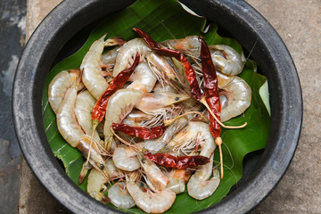 Poster - Fresh raw shrimp, prawn in Kerala India. Seafood in coastal area Alappuzha South Indian and Sri Lanka, Malaysia, Thailand, Singapore.