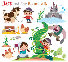Vector Illustration Of Cartoon Characters Jack And The Beanstalk. Fairy Tale Characters Set.