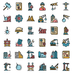 Poster - Demolition work icons set. Outline set of demolition work vector icons thin line color flat on white