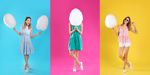 Sticker - Collage with photos of young woman holding cotton candy on color background. Banner design