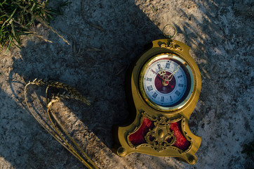 vintage clocks on earth, harvest time, ears of wheat on the field