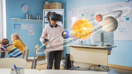 Fototapete - Cute Girl Wearing Augmented Reality Headset and Using Controllers Interacts with 3D Solar System. Futuristic School Science Class for Children Learning in STEM Programs. VFX, Special Effects Render