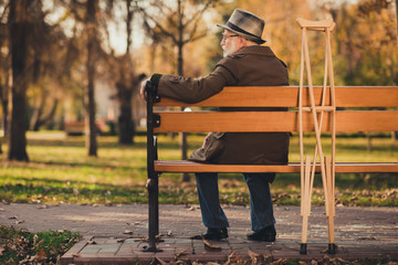 Canvas Print - Rear behind view photo of old white hair grandpa street walk lonely sit bench crutches hard motion have nobody sad miss widower wear glasses jacket cap autumn city empty deserted park outside