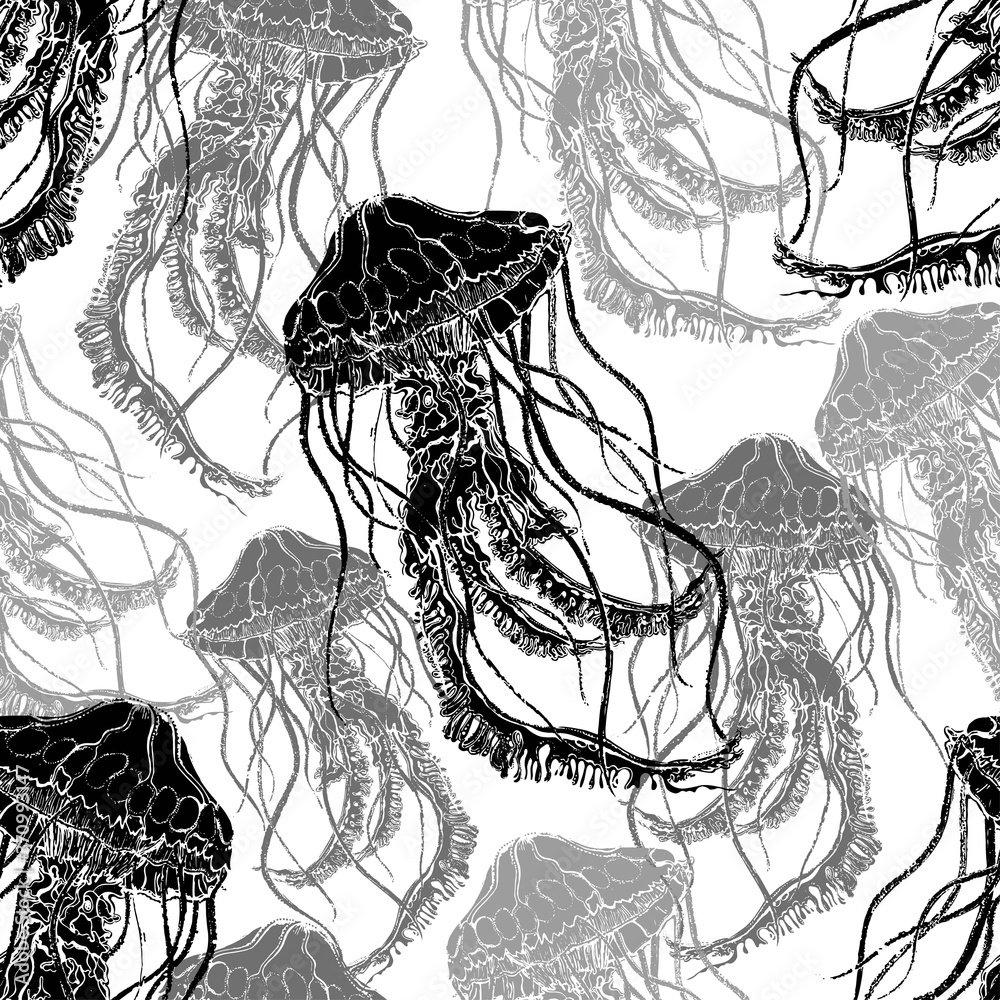 Vector jellyfish seamless pattern. Monochrome pattern of a flock of ...