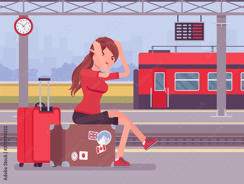 Girl missing the train journey, left in despair at trainstation. Angry ...