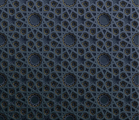 Seamless symmetrical abstract vector background in arabian style made of emboss geometric shapes with shadow.