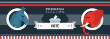 US Presidential Election Banner For Year 2020. American Election Campaign & Debate Between Democrats And Republicans. Electoral Symbols Of Both Political Parties.