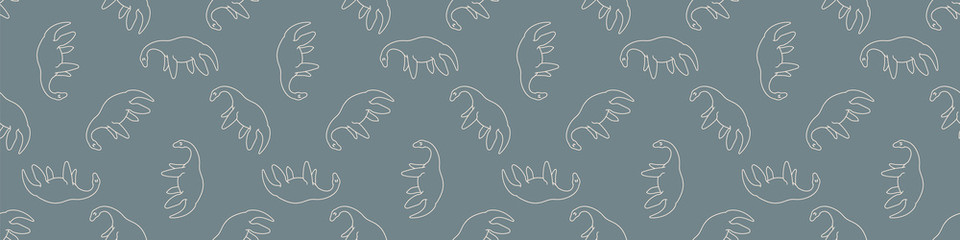 Seamless background plesiosaur dinosaur gender neutral baby border pattern. Simple whimsical minimal earthy 2 tone color. Kids nursery decor edging fashion ribbon trim.