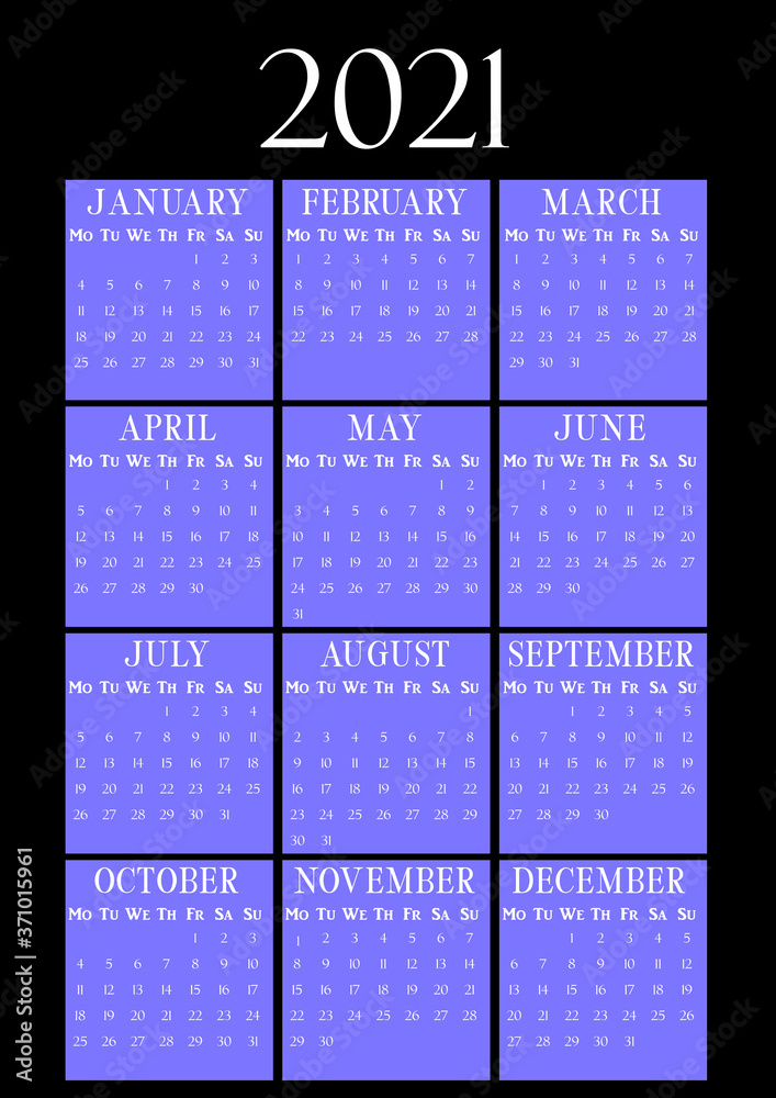 2021 Year Vertical calendar on A4 paper format. Black and blue wall ...