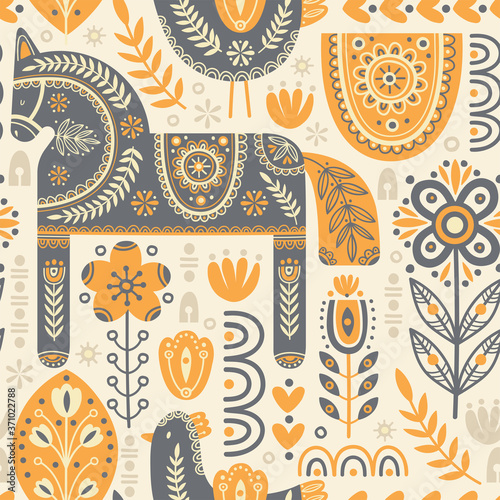 Cuadros en Lienzo Seamless pattern in scandinavian style with horse and bird, tree, flowers, leaves, branches