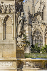 Fountain of Virgin (1845) in Square Jean XXIII near east side of Cathedral Notre Dame de Paris. - Eastern half of the Cite Island, Paris, France.