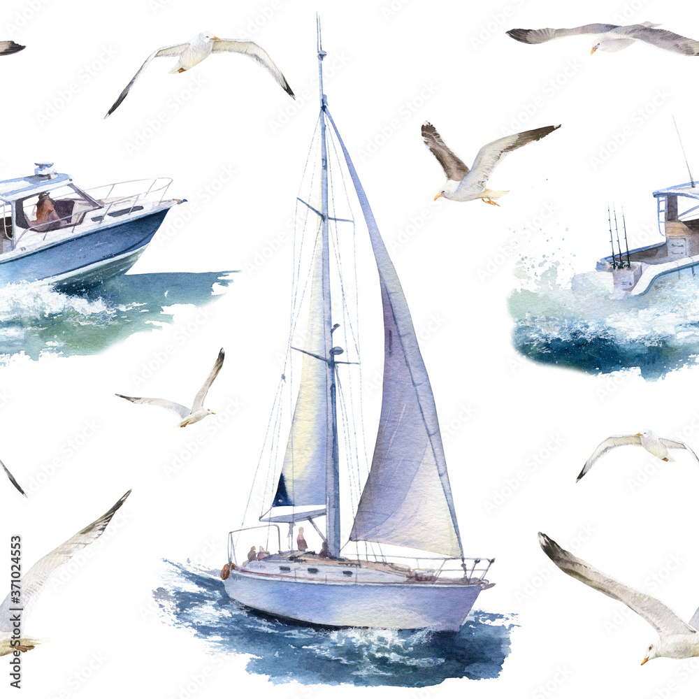 A seamless pattern of yacht, speedboat and seagulls hand drawn in ...