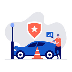 Poster - Car insurance service concept with characters. Man standing near broken vehicle, car getting accident on the road. Modern vector illustration in flat style for web banner, infographics, hero images