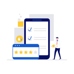 Poster - Customer experiences and satisfaction vector illustration concept with characters. Man filing test online in customer survey online, giving check mark and five star feedback. Modern flat style