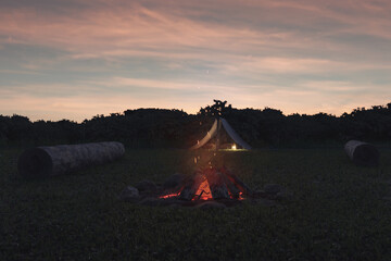 Wall Mural - 3d rendering of extinguished smoking bonfire with sparks and particles in front of forest in the eve