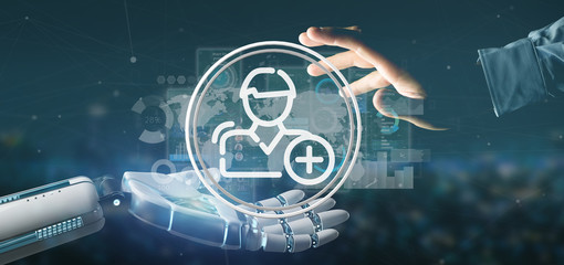 Poster - Cyborg hand holding new contact icon