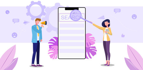 Poster - vector illustration of search system. mobile phone app for online searching information in internet