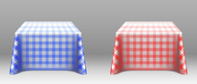 Checkered Tablecloths On Square Tables. Empty Dining Desks With Blue And Red Linen Clothes For Restaurant Banquet, Holiday Event Or Home Dinner. Template With Fabric Cover Realistic 3d Vector Mockup