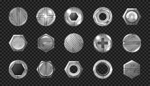Old Screw And Nail Heads Set, Steel Metal Bolts, Grunge Rusty Rivets Hardware Grey Caps With Grooves And Holes Top View Isolated On Transparent Background. Realistic 3d Vector Illustration, Icons
