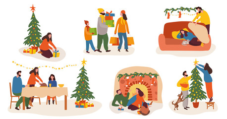 Festive Christmas and Winter holiday collection showing different family scenes with decorations and gifts, colored vector illustration