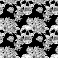 Seamless pattern with image a skull and with magnolia flowers. Hand drawn vintage engraving style. 