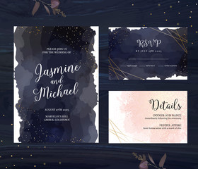Wall Mural - elegant wedding cards with night sky, golden glitter and blush pink watercolor art