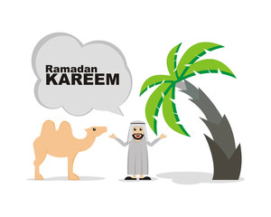 middle eastern man say ramadan kareem with camel and date palm tree