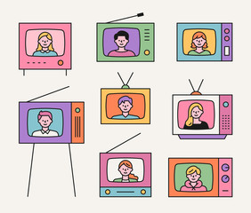 Poster - Old fashioned televisions and people faces on the screen. flat design style minimal vector illustration.