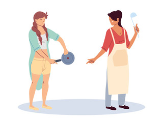 Poster - women with kitchen utensils on white background