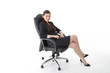 © oqba - South east Asian young Chinese woman wearing formal business office ware on white background sitting on office chair relax think success happy worried