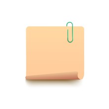 Blank Yellow Sticky Note With Curled Bottom Corner With Green Paperclip