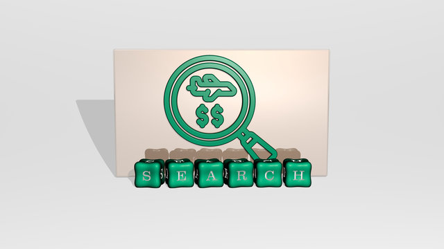 3D illustration of search graphics and text made by metallic dice letters for the related meanings of the concept and presentations for icon and business