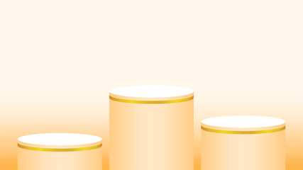 orange pedestal cylinder circle 3 steps for cosmetics showcase, podium circle stage orange soft pastel, platform three steps and advertising copy space, podium round three layers of product display